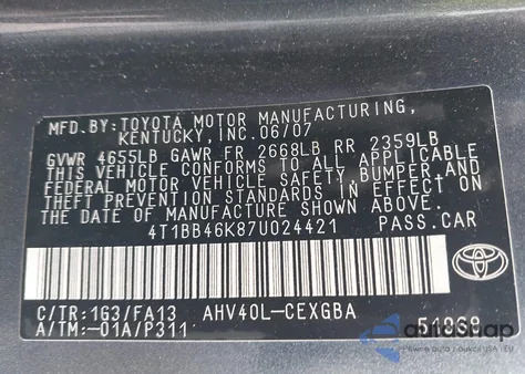 2007 Toyota Camry Hybrid from USA, damaged, VIN 4T1BB46K87U024421